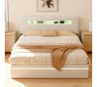 Lit Coffre en Velours 140x200 avec Éclairage LED, Lit Double Rembourré avec Étagères Ouvertes Rangement, Tête de Lits Capitonné, Lits 2 Personnes pour Adultes et Adolescent, Beige, Sans Matelas