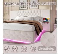 Lit coffre en velours beige 160 x 200 cm avec fonction de rangement O.Ye/LED/Table de chevet murale/Prise USB multiport