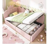 Lit Coffre Enfant 90x190cm avec Rangement Hydraulique, Design Couronne Rose, Cadre de Lit Rembourré en Velours Doux avec , L-Form