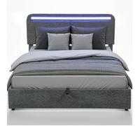 Lit coffre - HOMCOM - 140 x 190 cm - éclairage LED, tête de lit réglable, sommier à lattes en bois - polaire Teddy - gris