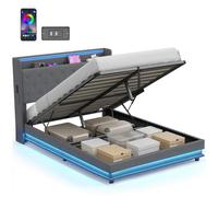 Lit coffre - HOMCOM - double - 140x190cm - rangement hydraulique - éclairage LED et station de charge - lin et métal - gris foncé