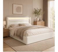 Lit coffre hydraulique 140x200 cm EVRYAE avec tête de lit LED, sommier à lattes relevable, PU blanc