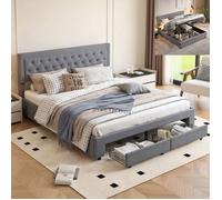 Lit coffre hydraulique 160x200 cm, 2 tiroirs et tête de lit, it double capitonnée, rangement, sommier à lattes,velours, Gris