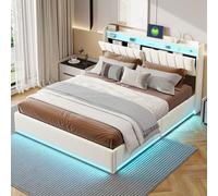 Lit Coffre Hydraulique 160x200, Lit Double Rembourré Avec LED Et USB, étagère Ouverte, Rangement Caché, Sommier à Lattes Et Tête De Lit Capitonné Pour Adultes Et Adolescent, Velours (Beige, 160x200)