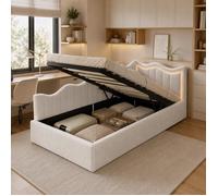 Lit coffre hydraulique 90x200 cm avec éclairage LED, Canapé lit enfant tête vague, Lit simple sommier lattes, Sans matelas