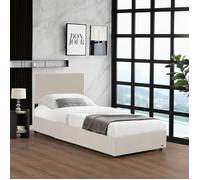 Corium Lit Coffre Rembourré avec Sommier à Lattes Rabattable Tête de Lit Capitonné Coffre Velours Côtelé Polyester Confortable Capacité de Charge 300 kg Bois Métal 90 x 200 cm Beige