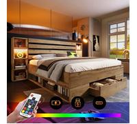 Lit coffre - LANGTU - 160x200 - Bois massif chêne - LED réglables - Ports USB/Type-C et tiroirs