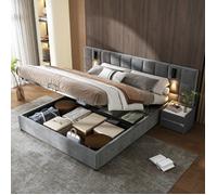 Lit coffre - LANGTU - 160x200 cm - Velours gris - Lampe directionnelle & USB - Sommier à lattes