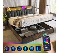 Lit coffre - LANGTU - 160x200 - LED RGBW contrôlable par application - Tête de lit 2 prises + 2 USB - Sommier lattes bois