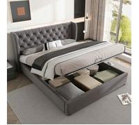 Lit coffre - LANGTU - Chesterfield 140x190 - Velours gris - Sommier à lattes - Coffre hydraulique