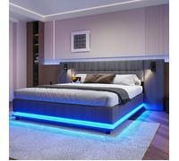 Lit coffre - LANGTU - Lit capitonné 180 x 200 cm - Lin gris - Bande LED multicolore - Tête de lit avec spot & USB