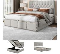 Lit coffre - LANGTU - Lit double capitonné - 180x200 cm - Tête 102,5 cm - Housse coton-lin gris clair