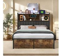 lit coffre led avec station de recharge et espace de rangement, cadre de lit avec sommier à lattes, design industriel, 160 x 200 cm