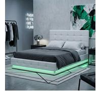 Lit Coffre - Novélys - 140x200cm - avec LED & Tête de Lit Réglable - Rangement Hydraulique - Cuir PU Blanc