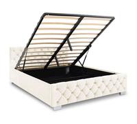 Lit Coffre NURI rembourré, Lit Double, Surface de Couchage 140x190 cm, Blanc Crème, Velours Doux et Lumineux