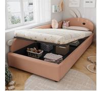 Lit coffre pour enfants 90x200cm - tête de lit en forme de lapin - clôture de gauche - velours - Rose(sans matelas)