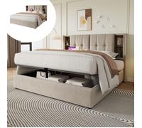 Lit coffre rembourré 160x200 cm - avec prises USB et recharge sans fil et tête de rangement - tissu en lin - Beige