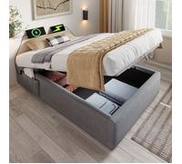 Lit coffre rembourré 90x190 cm gris - sommier à lattes pleine surface, port USB-C, rangement