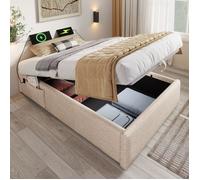 Lit coffre rembourré 90x190cm - tissu en lin - avec prises de recharge et sommier à lattes - Beige