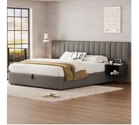 Lit coffre rembourré avec 2 tables de chevet et sommier à lattes inclus EVRYAE 160x200 cm lin gris