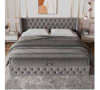 Lit coffre rembourré EVRYAE 140x190 cm velours gris capitonné-Chesterfield