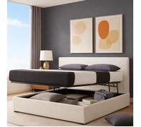 Lit coffre - SAMPUR - 140x190 cm - Simili cuir blanc - Tête de lit incluse - Ouverture latérale ergonomique