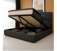 Lit coffre - SAMPUR - 90x190 cm - Tissu bouclette gris clair - Sommier à lattes inclus - Grand coffre de rangement