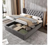 Lit coffre - SEA WALL - 140x200 Chesterfield - velours gris - sommier à lattes - rangement hydraulique