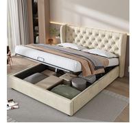 Lit coffre - SEA WALL - Chesterfield 140x190 cm - Velours beige - Rangement hydraulique - Sommier à lattes