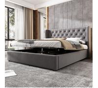 Lit coffre - SEA WALL - Chesterfield - 140x190 cm - Velours gris - Rangement hydraulique