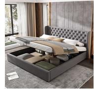 Lit coffre - SEA WALL - Chesterfield - 180x200 cm - Velours gris - Sommier à lattes & rangement hydraulique