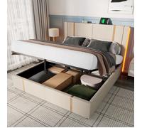 Lit coffre SEYAKANY -160x200 cm-Lit rembourré- App Control LED LED-avec espace de rangemen-en lin-beige