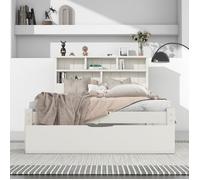 Lit Coffre Simple en Bois Massif 90x200cm avec Tiroirs IntéGréS, Lit Simple avec TêTe de Lit BibliothèQue Pour Adolescents, Blanc