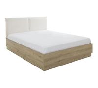 Lit coffre tête textile - TIDY - 160 x 200 cm - Chêne / Ecru - Sommier inclus - GAMI