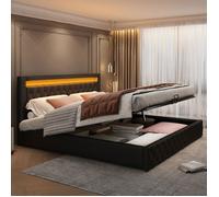 Lit coffre - TKOPY - Lit adulte double 180x200 cm avec éclairage LED, Lit rembourré avec rangement, PU Noir Noir#Noir N LIT COMBINE