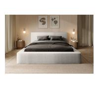 Lit coffre VELORA - Blanc alpin bouclé - 160x200 cm - Tissu velours doux - Sommier relevable - Rangement intégré