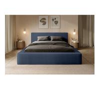 Lit coffre VELORA - Bleu acier bouclé - 160x200 cm - Tissu velours doux - Sommier relevable - Rangement intégré