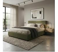 Lit Coffre Versailles 200x200 Cm - Tissu Bouclette Vert - Tête De Lit Incluse - Grand Espace De Stockage