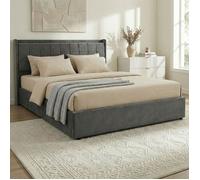 IDIMEX Lit Coffre Yaro rembourré, Lit Double avec Rangement 160x200 cm, Gris Foncé, Sommier à Lattes Inclus, Grand Espace de Rangement, Tête de Lit Capitonnée en Tissu, Velours Doux et Raffiné