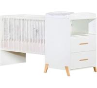 Lit Combiné - 120x60cm - Evolutif en 90x190cm - Babyprice Joy Naturel - Blanc sur pieds en bois naturel