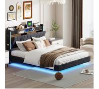 Lit combiné 140 x 200 Lit capitonné Lit double avec LED et prises USB, pour adulte et ado, tête de lit avec rangement - gris