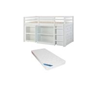 Lit combiné 90 x 190 cm avec rangements et bureau extensible - Pin et MDF - Blanc + Matelas - ABRENO