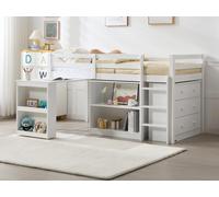 Lit combiné 90 x 190 cm avec rangements et bureau extensible - Pin et MDF - Blanc + Matelas - ABRENO
