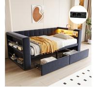 Lit combiné 90 x 190 cm EVRYAE avec LED, prise intégrée et 2 tiroirs de rangement, canapé-lit 1 place gris foncé