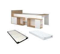 Lit combiné 90 x 200 cm avec bureau et rangements - Blanc et naturel + Sommier + Matelas - PALOMA