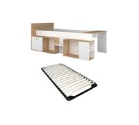 Lit combiné 90 x 200 cm avec bureau et rangements - Blanc et naturel + Sommier - PALOMA