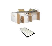 Lit combiné 90 x 200 cm avec bureau et rangements - Coloris : Blanc et naturel + Sommier - PEDRO