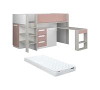 Lit 2 places Vente-Unique.com Lit combiné 90 x 200 cm - Avec bureau et rangements - Rose, naturel et blanc + Matelas - LOUKALA