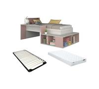 Lit combiné 90 x 200 cm avec rangements et bureau - Coloris : Naturel et rose + Sommier + Matelas - RIGALI