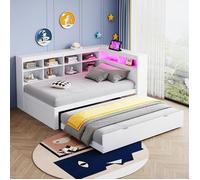 Lit combiné 90x200 cm avec lit gigogne avec éclairage LED avec étagères et compartiments de rangement bois blanc